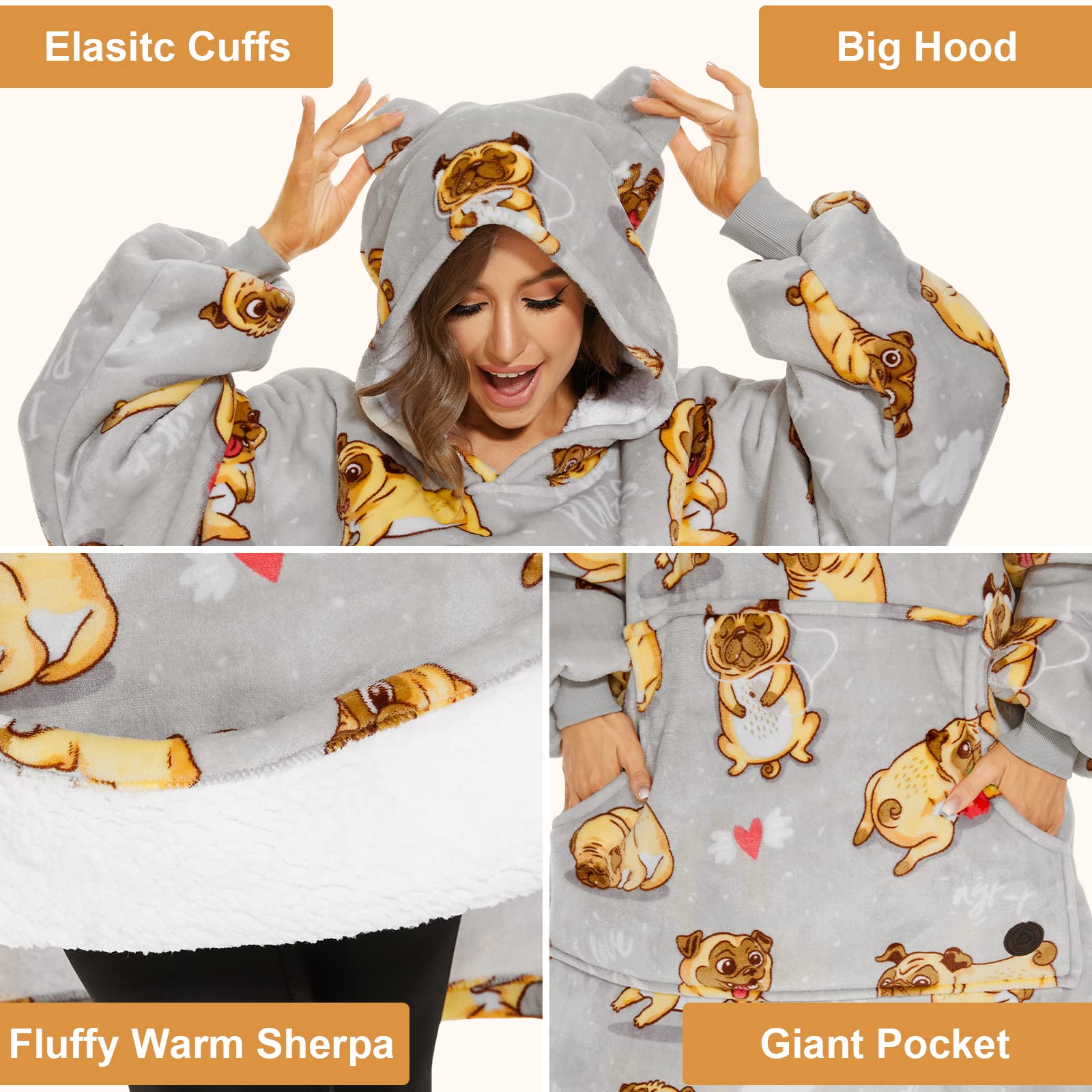 THREE POODLE Felpa Coperta Oversize con Cappuccio, Felpa Gigante Coperta Indossabile con Maniche, Coperta con Cappuccio Ultra Morbida e Calda, Cozy Hoodie Felpa Pile per Donna,Uomini e Bambini, Regalo