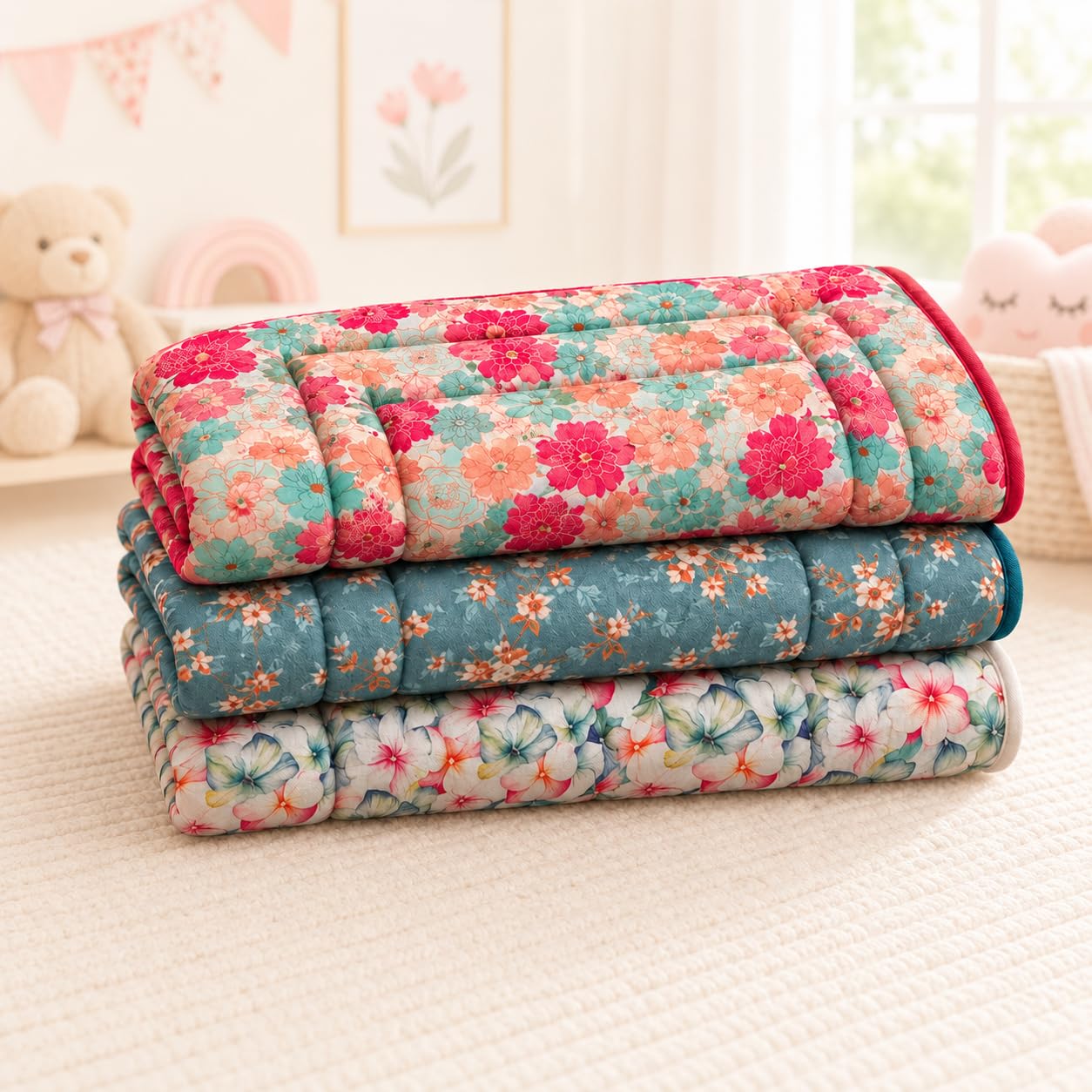 SINGULAR Cotton Baby Mattress 0 to 2 Years, Baby Mat (Blush - Set of 3) | 21x28 in | Reversible | Compressed Cotton | No Lumping | Folds Flat | Both Sides Printed | Handmade | Machine Washable-image-17