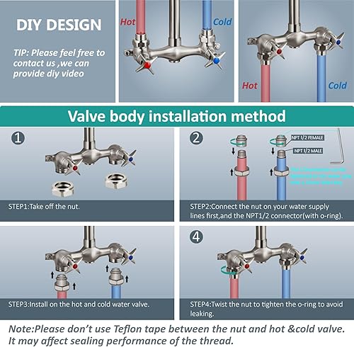 Miniatura 8 de Aolemi Kit de ducha para exteriores de níquel cepillado de montaje en pared, cabezal de ducha cuadrado de 6 pulgadas con rociador de mano, 2 asas