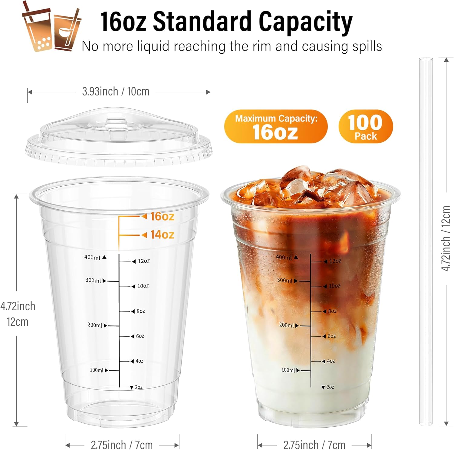 100 Pack - 16 oz Ratio Lines Iced Coffee Cups with Lids & Straws – No Guessing for Consistent Drinks, Disposable Clear Plastic Cups with Lids and Straws for Coffee, Smoothies, Juice, Parties Food Safe