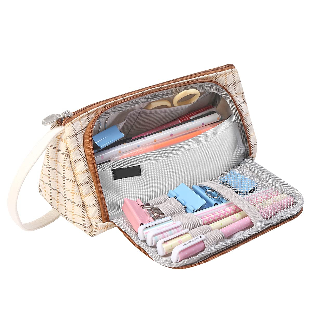 Electomania Large Capacity Pencil Bag, Canvas Cotton Linen Pencil Pouch with Handle, Portable Makeup Bag, Case Cute Stationery Bag for Students Girls Adults Office (Beige Grid) (B098NRG3PC) Amazon Price History, Amazon Price Tracker