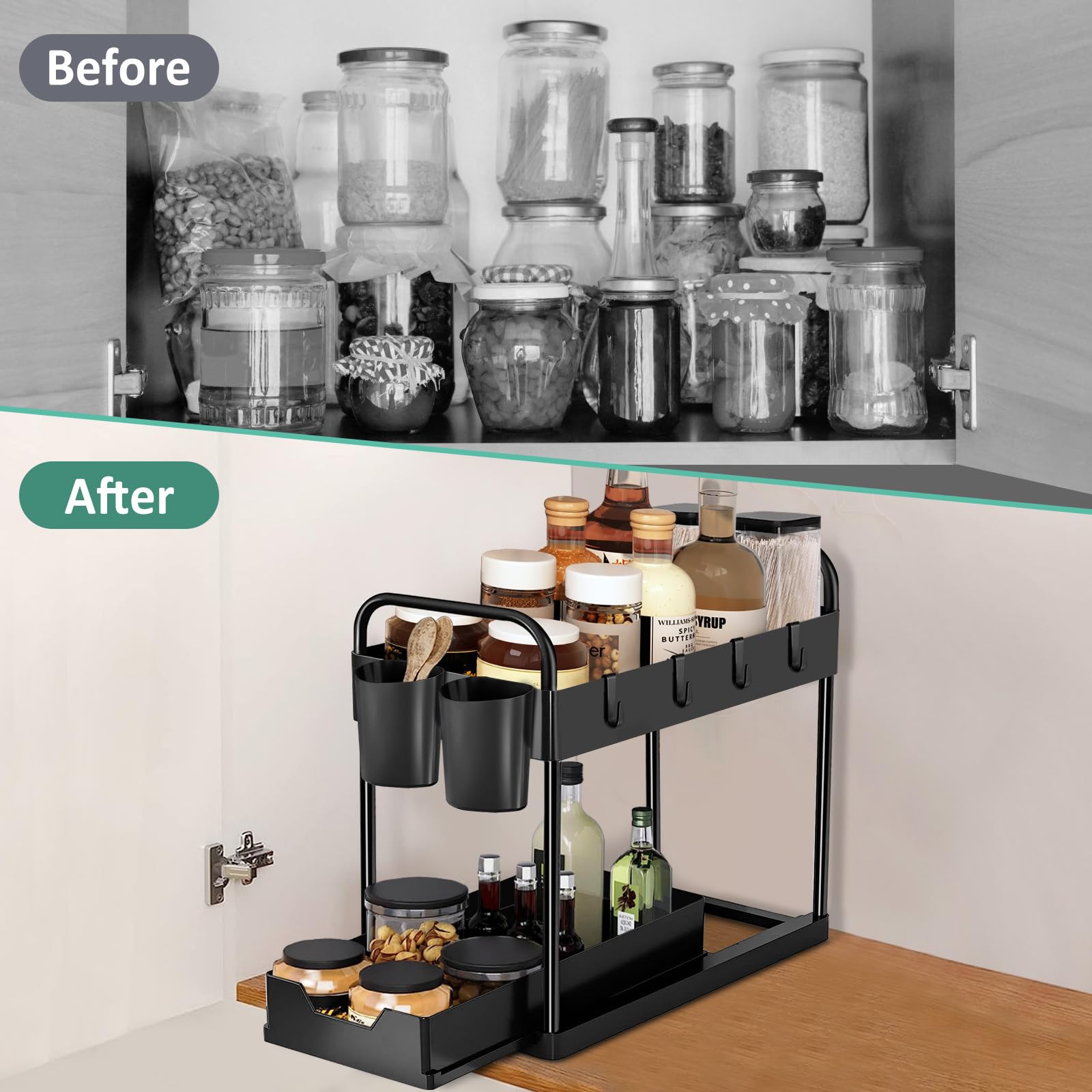 Organizzatore Estraibile 2 Livelli Per Sotto Lavello – Regolabile In Altezza, Struttura Metallica, 22,7 Kg Di Portata, Per Cucina E Bagno (Nero) - 2