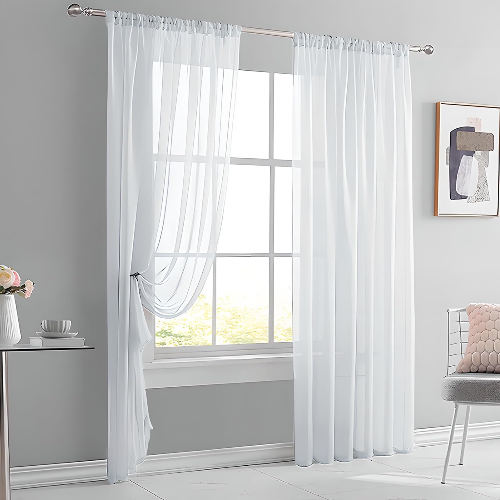 Rideaux longs voilages de qualité supérieure avec effet froissé texturé blanc