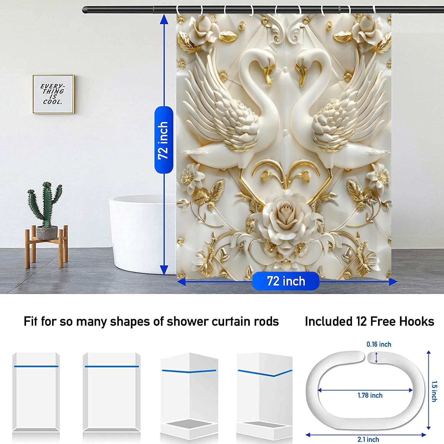 NBVKO 4Pcs White Swan Rose Reliefs Printed Shower Curtain Set with 12 Hooks Non-Slip Rugs,Toilet Lid Cover and Bath Mat, Stylish Bathroom Decor for Hotel & Home Bathroom