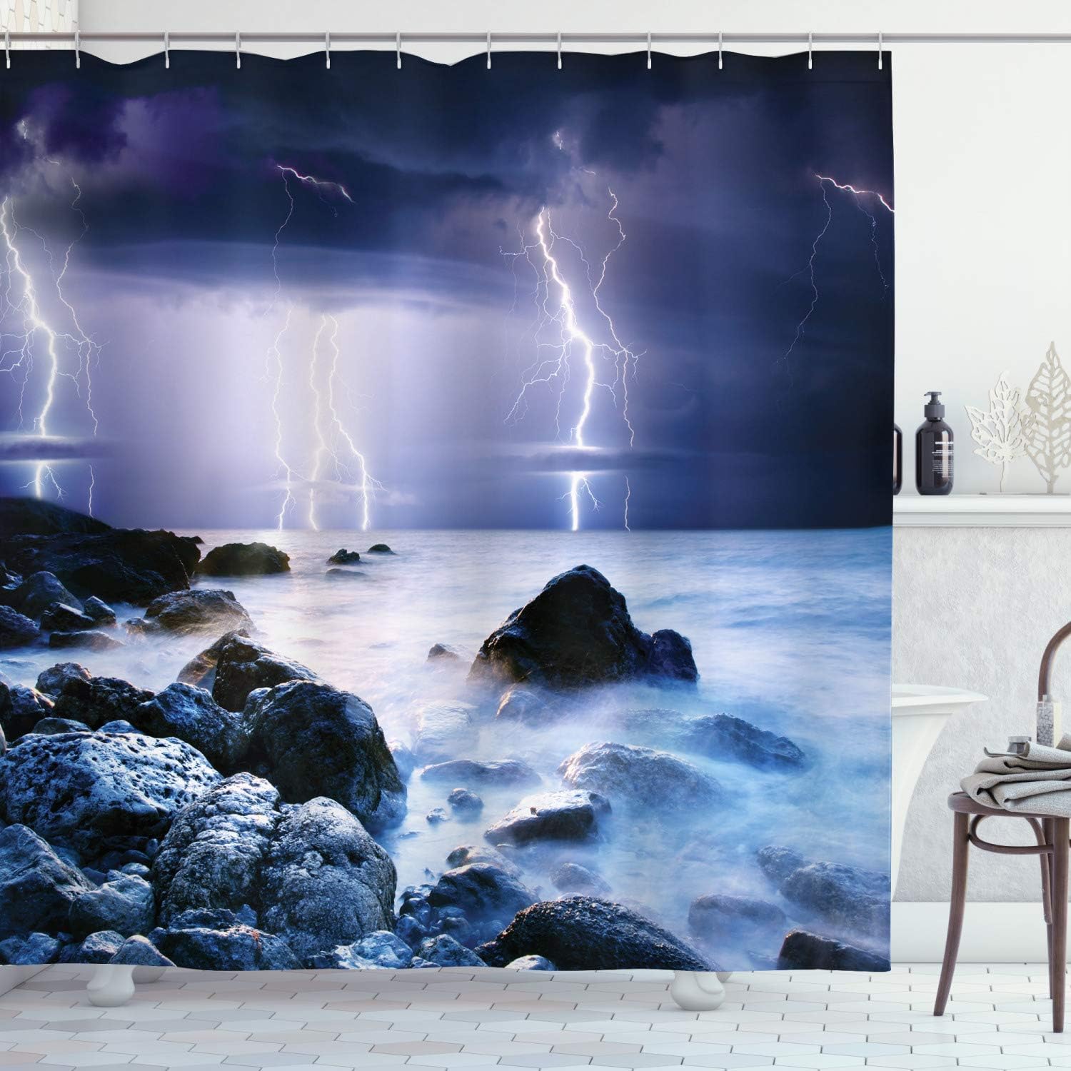 Ambesonne Nature Shower Curtain, Summer Storm Bolts Over The Rocks in Ocean Nightmare Theme Weather Nature Image, Cloth Fabric Bathroom Decor Set with Hooks, 69" W x 75" L, Purple Grey