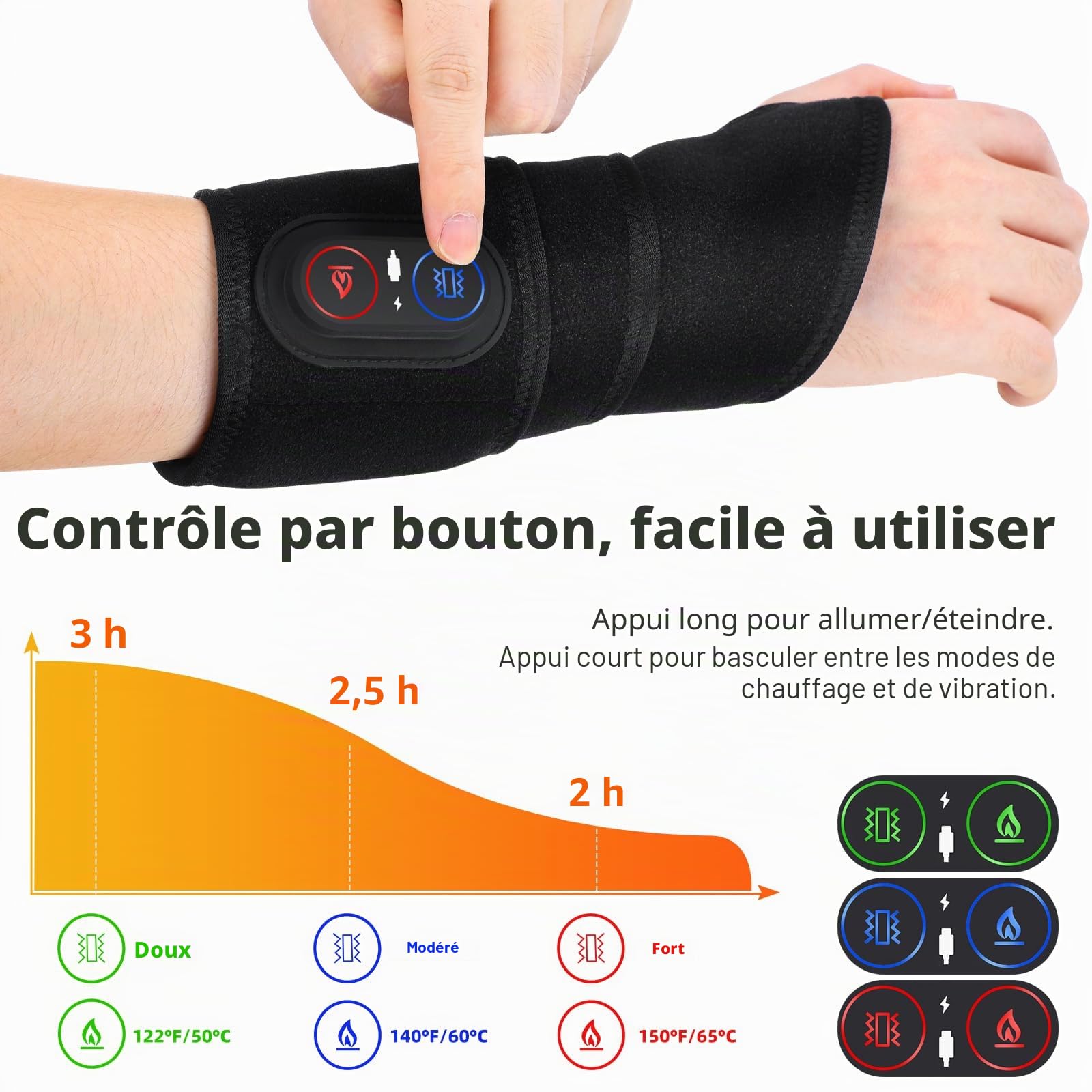 Coussin chauffant du poignet sans fil avec vibrations, 3 modes de chaleur et vibration, massage bras chauffé avec lumière rouge, coussin chauffant pour poignet, main, genou, coudes, chevilles