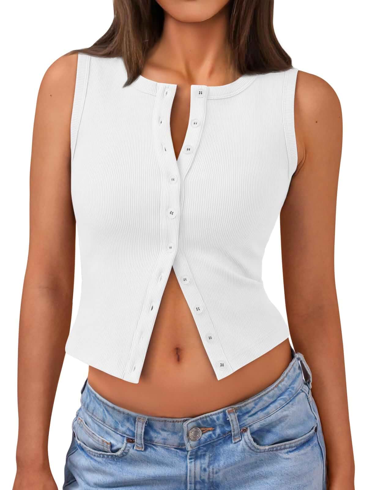 Trendy Queen Women's Going Out Crop Tank Tops Ribbed Button Down Vest Sleeveless Shirts,Beach Vacation Clothing,Knit Camisoles,Summer Fashion Apparel