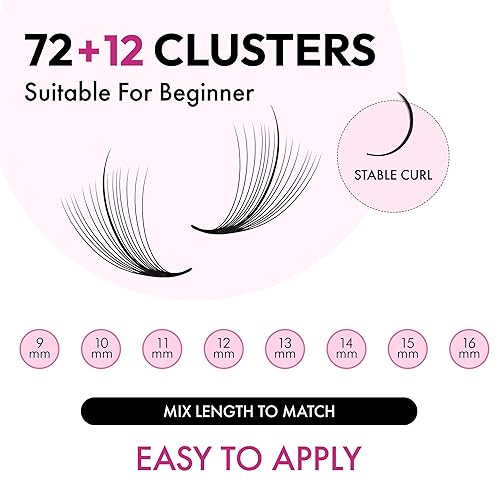 Miniatura 4 de Extensiones de pestañas rizadas 20D D de 0.07 a 0.63 pulgadas de longitud mixta  72 + 12 racimos de pestañas onduladas de aspecto natural,