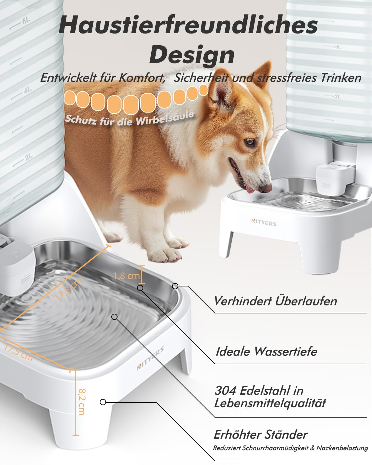8L Wasserspender für Hunde und Katzen mit patentiertem Wasserhahn, futterautomat Katze mit Filter,verstellbarem Sockel, leicht zu reinigen, lebensmittelecht & BPA-frei