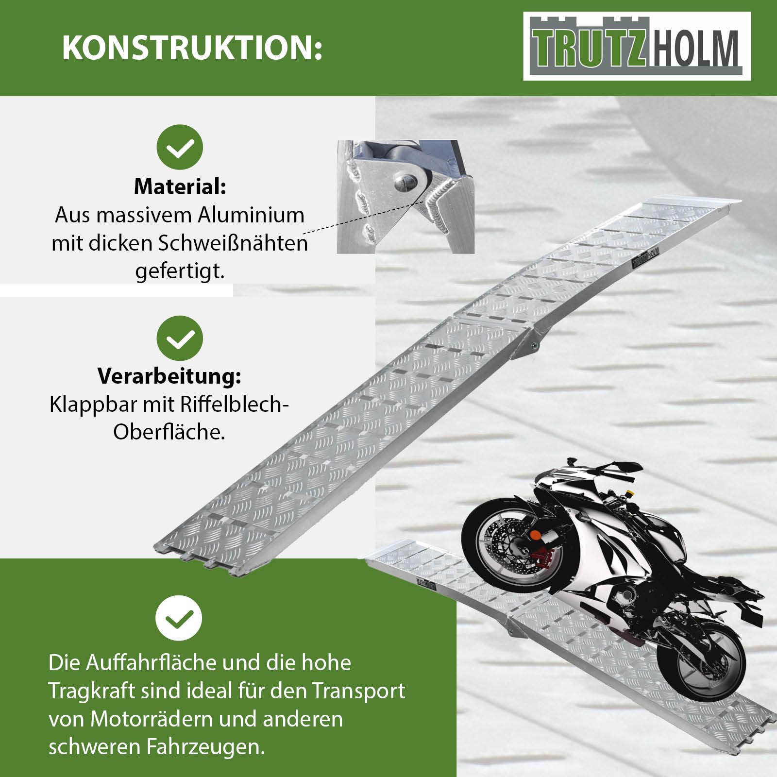 TRUTZHOLM 1x Alu Auffahrrampe klappbar 226 cm Traglast 680 kg grau Motorradrampe Verladerampe für Motorrad, Quad, ATV, Rasenmähertrecker Heavy Duty, extrem leicht