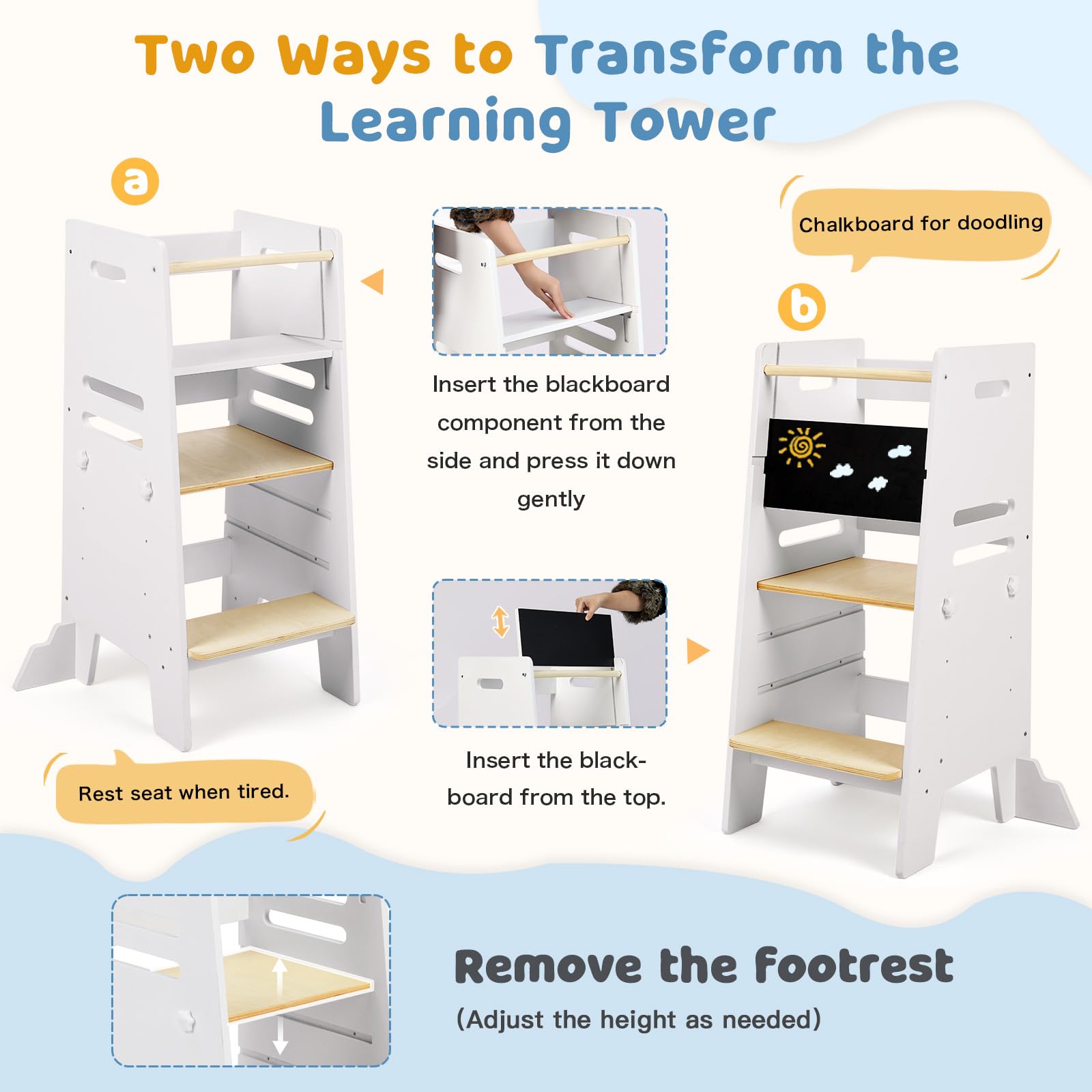 Labebe Learning Tower 3 in 1 con Lavagna e Seduta, Torre Montessori Regolabile in 3 Altezze, Legno