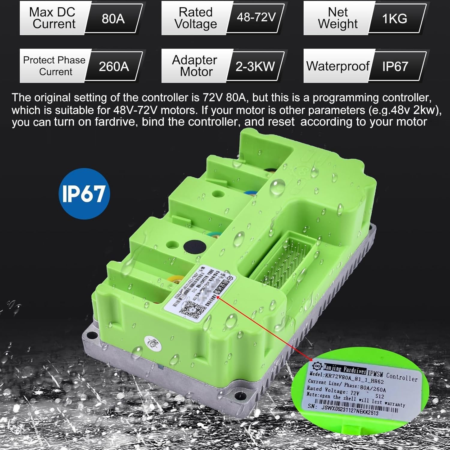 Fardriver 72V 80A Programmable High Power Electric Motorcycle Controller for 2-3KW Brushless Motor BLDC for Electric Dirt Bike Scooter Motor