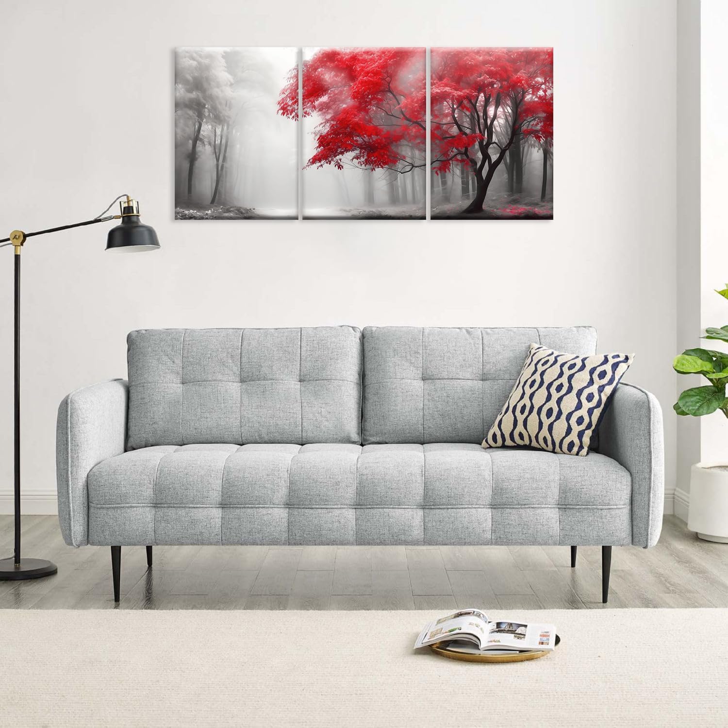 Foggy Forest Canvas Wall Art, Red Tree in Misty Forest Paintings Pictures Nature Landscape Posters Prints for Living Room Study Decor Set of 3(Artwork-02, 12"x16")