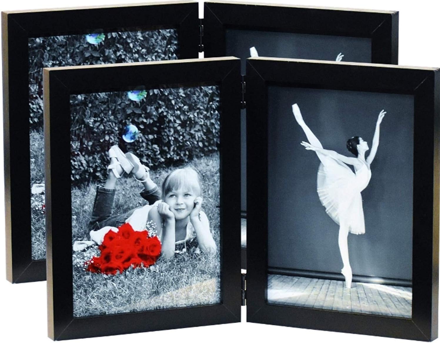Tasse Verre 4x6 Folding Picture Frames (2 Pack) Black w/HIGH DEFINITION GLASS - Displays Two 4"x6" Inch Collage Pictures, Double Dual Twin 2 Photo Desktop or Table Hinged Frames