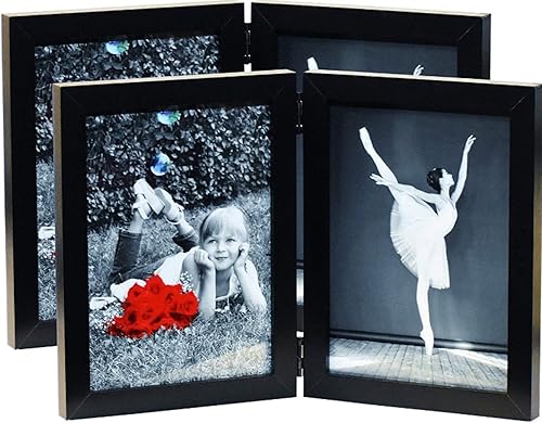 Tasse Verre Portarretratos plegables de 4 x 6 pulgadas (paquete de 2) color negro con vidrio de alta definición, muestra dos fotos de 4 x 6