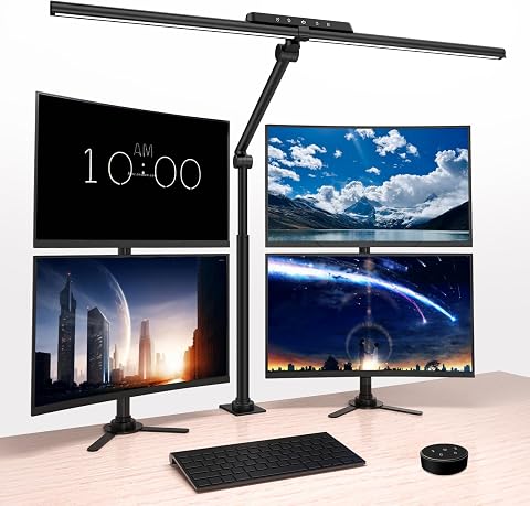 OOWOLF Schreibtischlampe LED, 81,5 cm, 24W dimmbar, 2750-5400K, mit Gestensteuerung & Fernbedienung, Doppelkopf, höhenverstellbar, klemmbar, für Büro, Homeoffice und Detailarbeiten