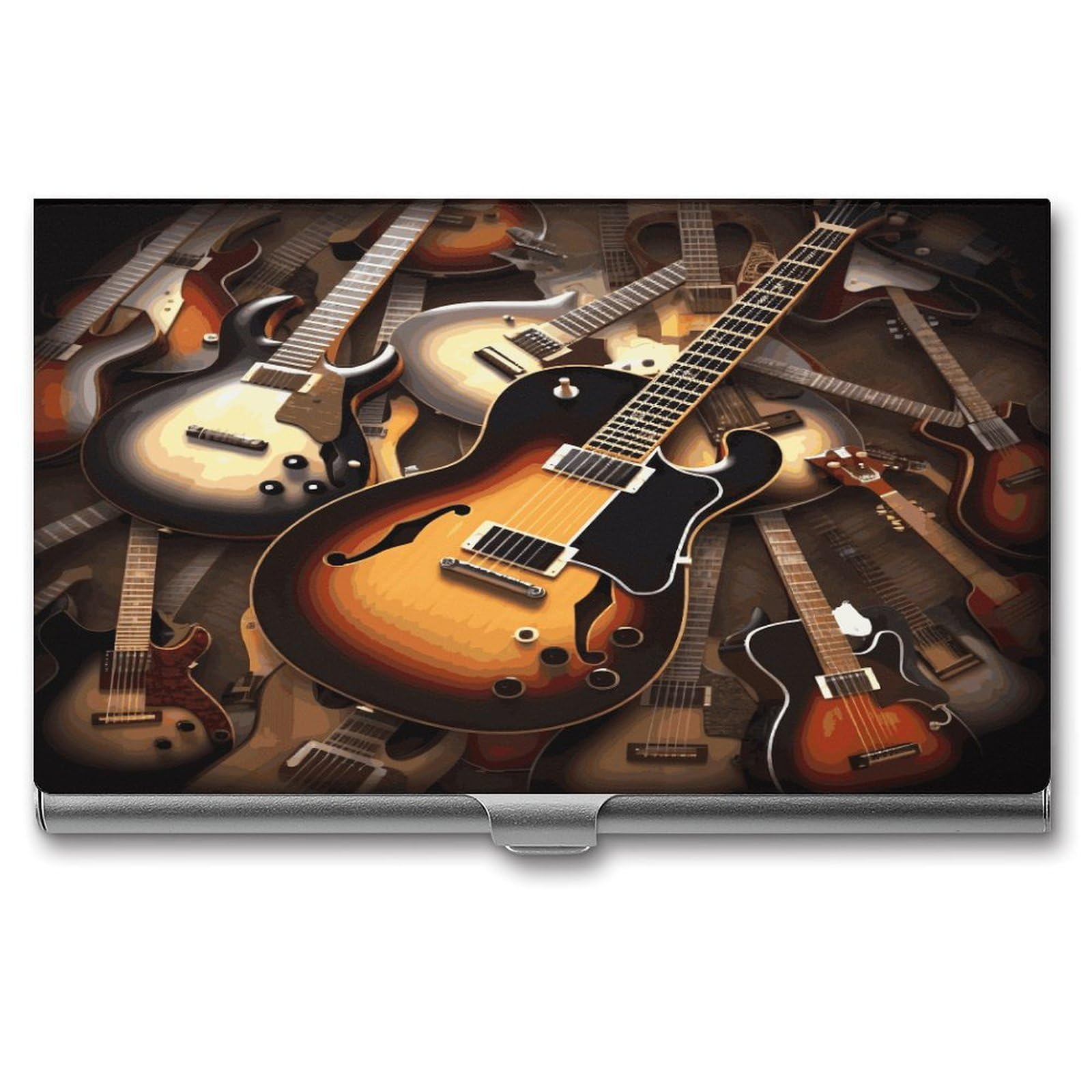 LDGSUPH Music Guitar Business Card Holder Fashion Slim Name Card Holder Minimalist Design Case Metal Card Carrier Personalized Business Card Case with Flip for Men Women