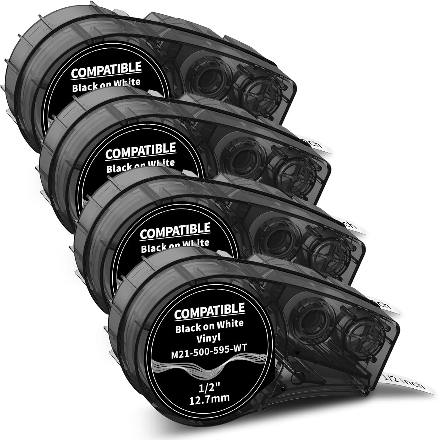 4-Pack MarkDomain Compatible with M21-500-499 1/2 Inch Muti-Purpose Nylon Label Tape Work with BMP21-PLUS, BMP21-LAB0, M210, M211, M210-LAB, IDPAL, LABPAL Label Printer, 0.5" Width, Black on White