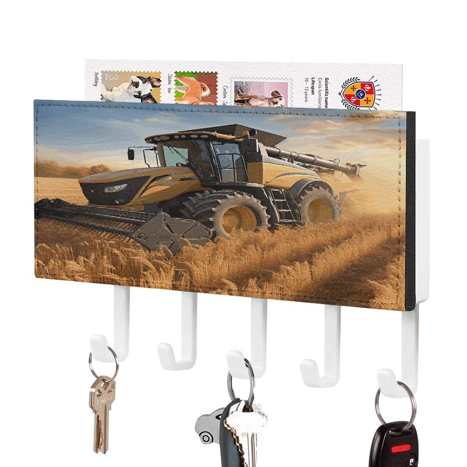Fekiloot White-Style Farm Tractor Harvest Key Holder Wall Mount Key Hanger With 5 Hooks Decorative Key Rack Hanging Key Hooks With Mail Organizer Key Holder For Wall Living Room Kitchen Bathroom Hallway White