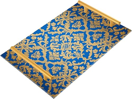 Blue and Gold Baroque Vintage Flowers Decorative Beverage Tray with Handles Coffee Serving Tray for Jewelry Perfume for Decorative Food charola para