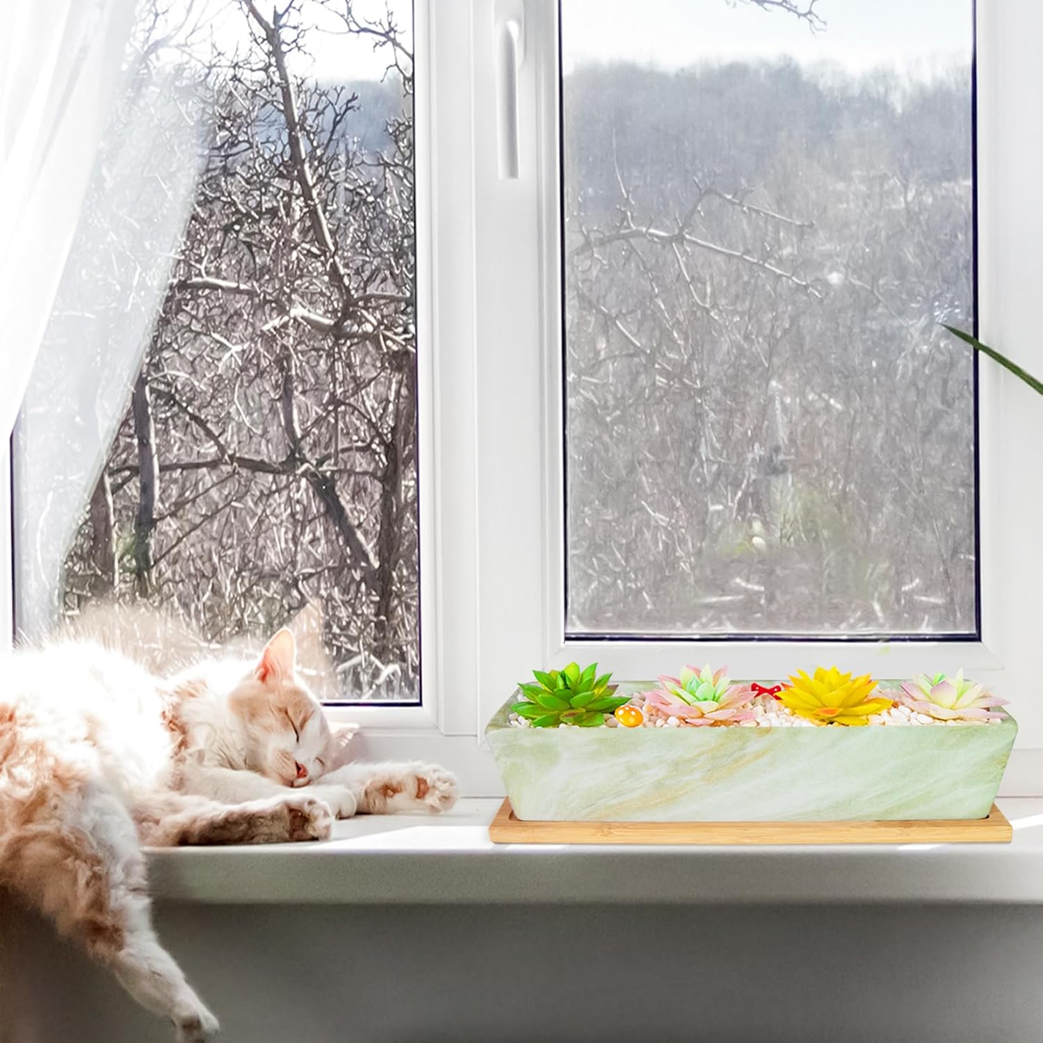 Succulent Pots - 12.1 Inch Large Succulent Pots with Drainage Tray, Window Sill Planter, Long Rectangle Ceramic Pots for Indoor Cactus/Succulent Plants Shallow Bonsai Window Box for Home Garden Decor