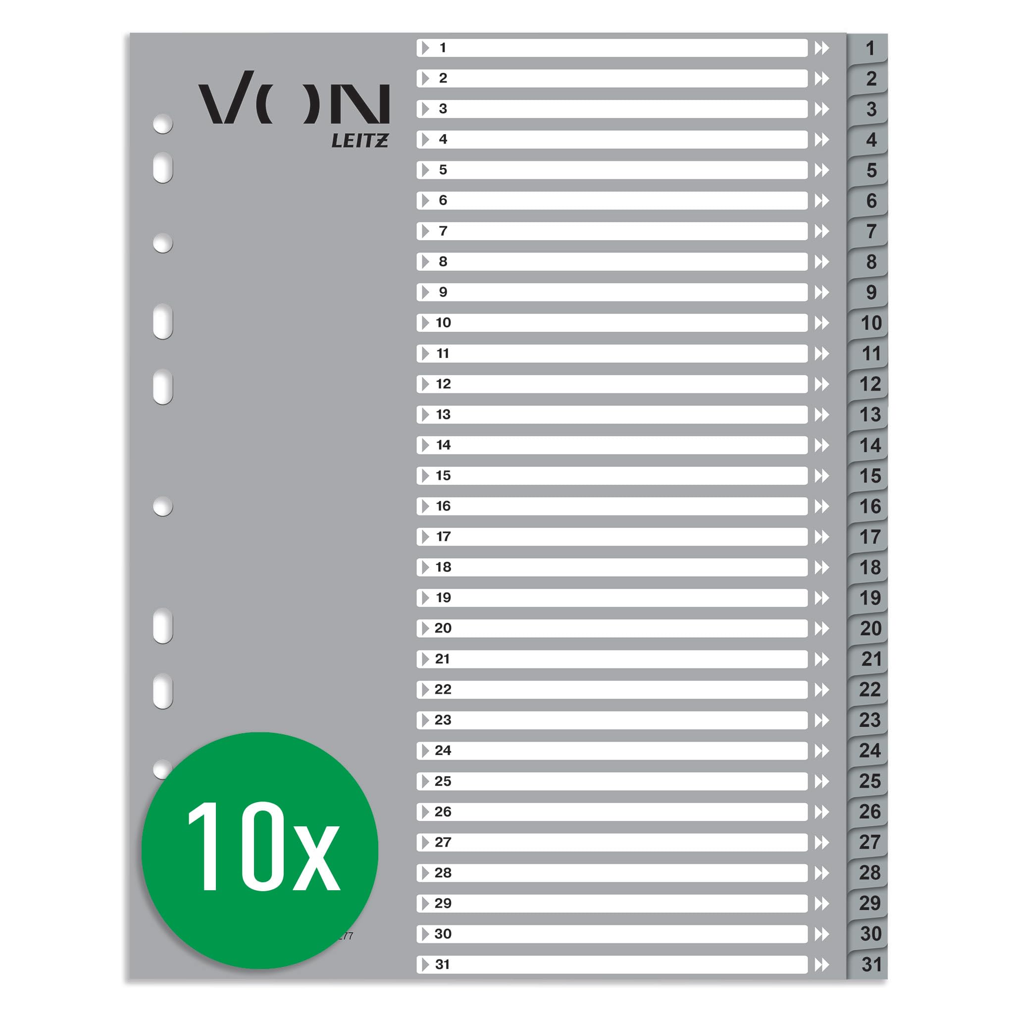 VON Leitz 10er Pack Zahlen-Register A4, 1-31 nummerirte Trennblätter für Ordner, PP, Extra breit, 11-Loch-Universalregister für Schnellhefter & Ringbücher, Grau, 12770085