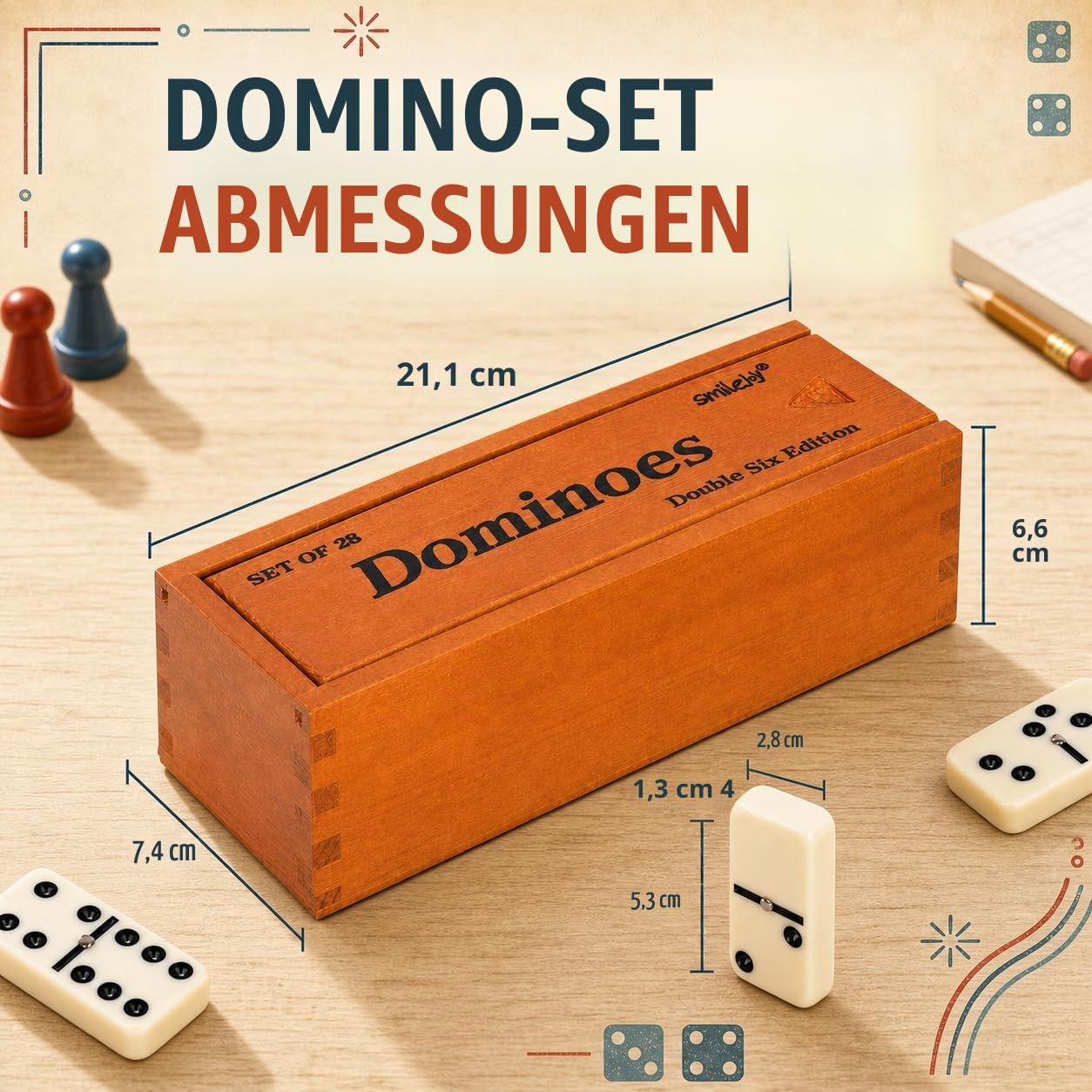 Smilejoy Dominos Set für Erwachsene -Jumbo Größe Dominos Doppel Sechs Edition- Klassische Brettspiele- Dicke Größe Doppel 6 Domino Set mit Deluxe Braun Holz Box, 28 Fliesen (2-4 Spieler)