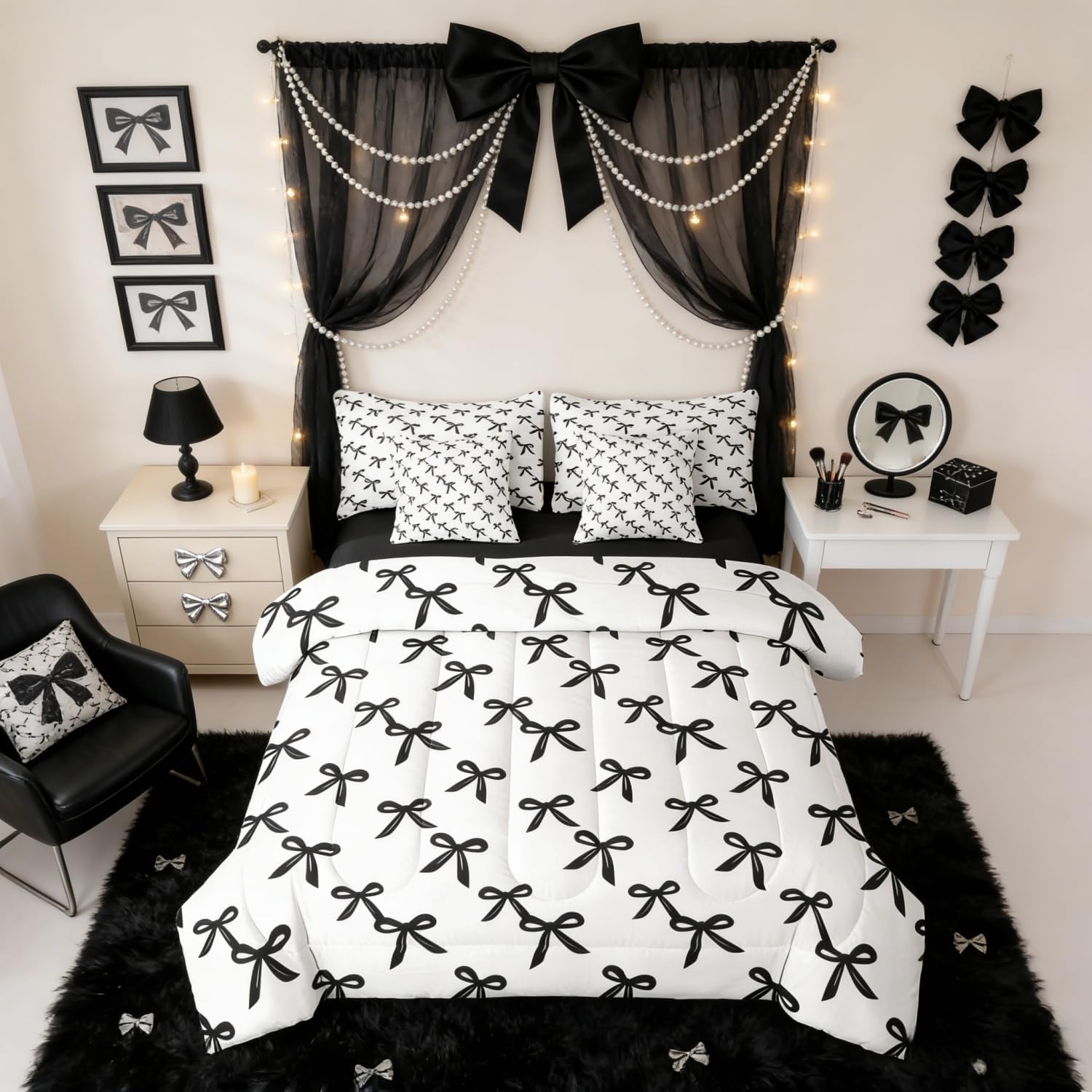 Erosebridal Black Bow Knot Comforter Set for Kids Girls Bowtie Preppy Princess Bed in A Bag Twin Size 7 Pieces Coquette Bowknot Bed Set Room Decor Fantasy Bedding