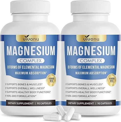 Cápsulas complejas de magnesio de 1000 mg, 8 elementos elementales con glicinato de magnesio, citrato, malato, taurato, óxido, carbonato, aspartato,