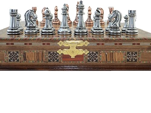 Miniatura 2 de Juego de ajedrez clásico de cobre antiguo, piezas hechas a mano y tablero de ajedrez de madera maciza natural con diseño de perlas alrededor de la