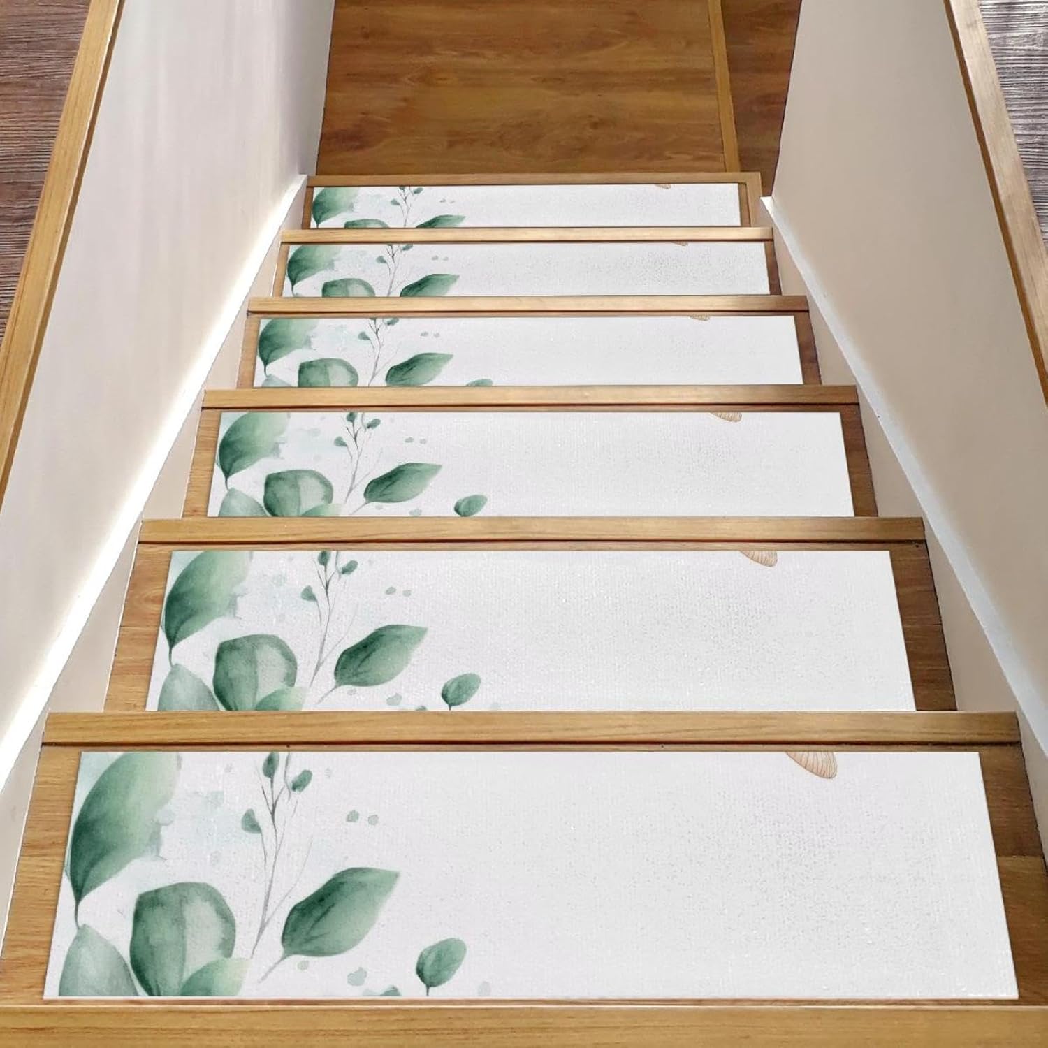 Non Slip Carpet Stair Treads, 15 Pack 8″ X 30″ Machine Washable Stair Mats Indoor Staircase Runners for Wooden Steps, Green Plants Simple Flowers and Flying Dragonfly