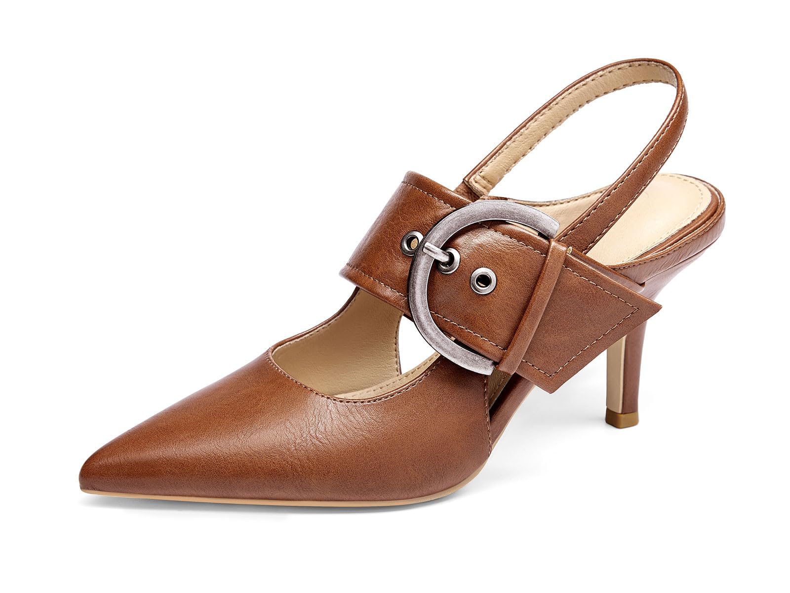 coutgo Womens Slingback Pumps Closed Pointed Toe High Heels Belt Buckle Strap Dressy Work Shoes-picture-18