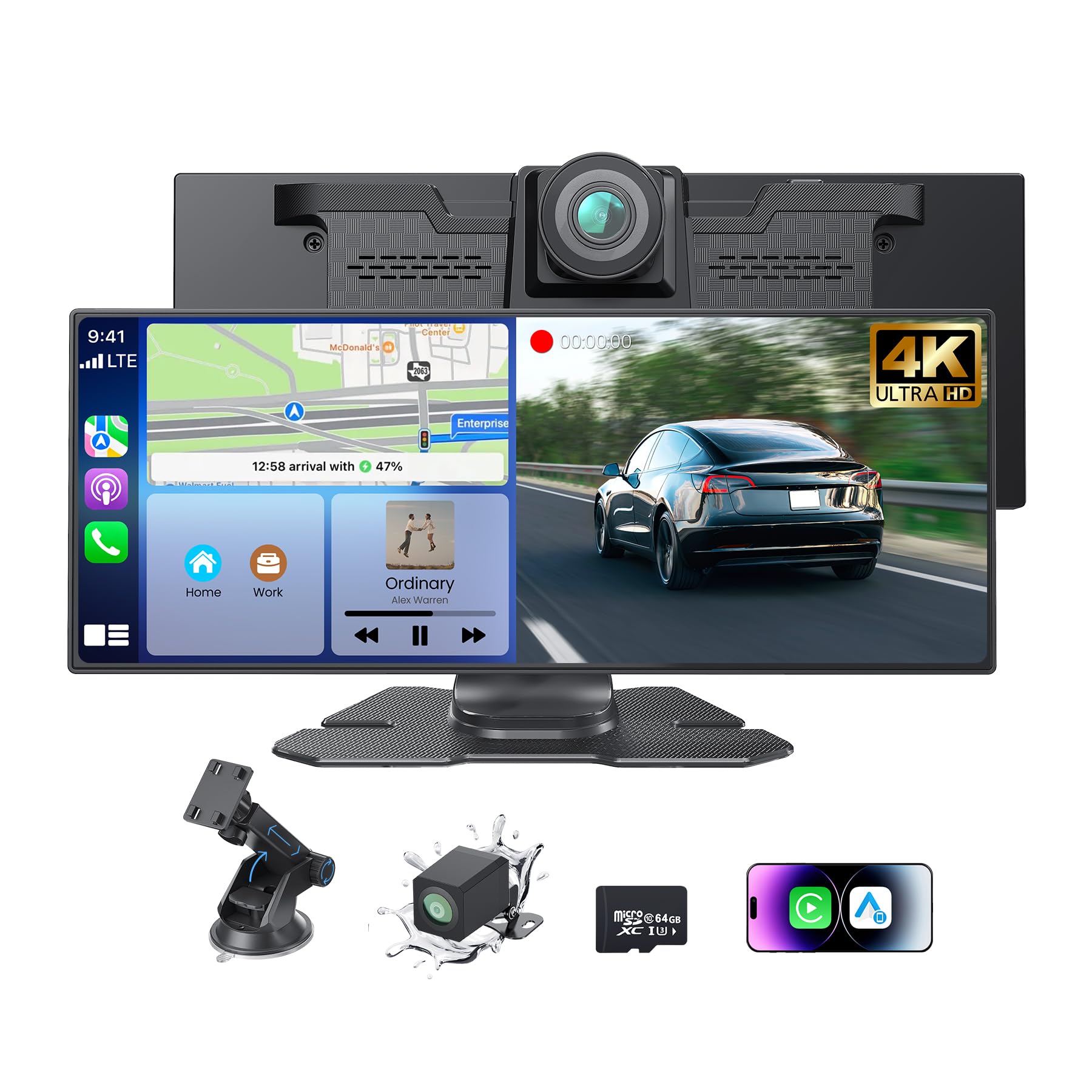 Portable CarPlay Screen for Car Car Stereo with Apple CarPlay Android Auto Incell Touch Screen 4K Dash Cam