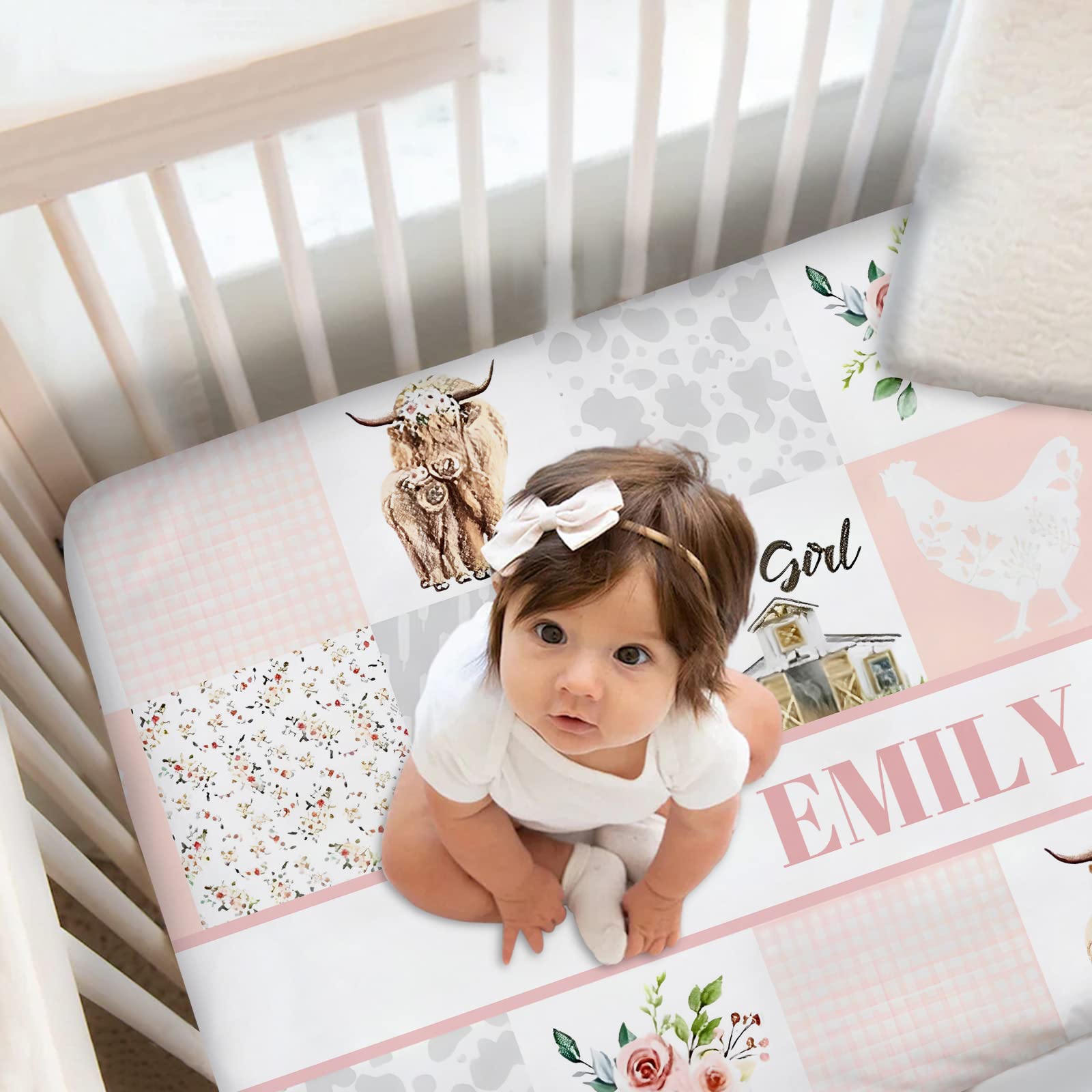 Personalized Baby Girl Crib Bedding Set with Name, 2 Piece Nursery Bedding, Name Comforter, Fitted Sheets (Farm Theme Pink)