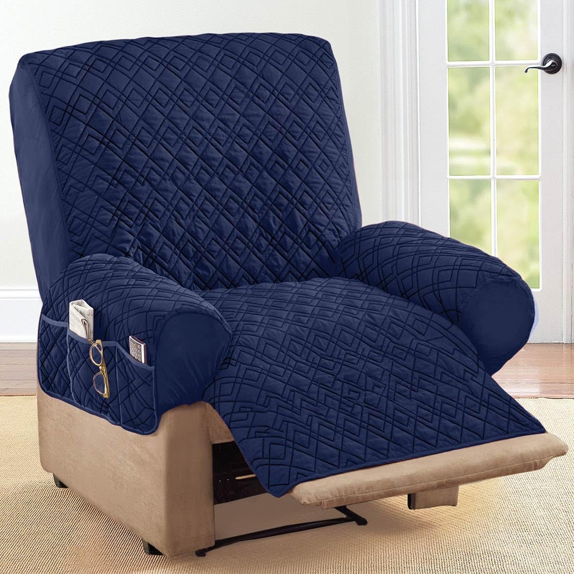Collections Etc Diamond-Shape Quilted Stretch Recliner Cover with Storage Pockets and Elastic Straps - Furniture Protector