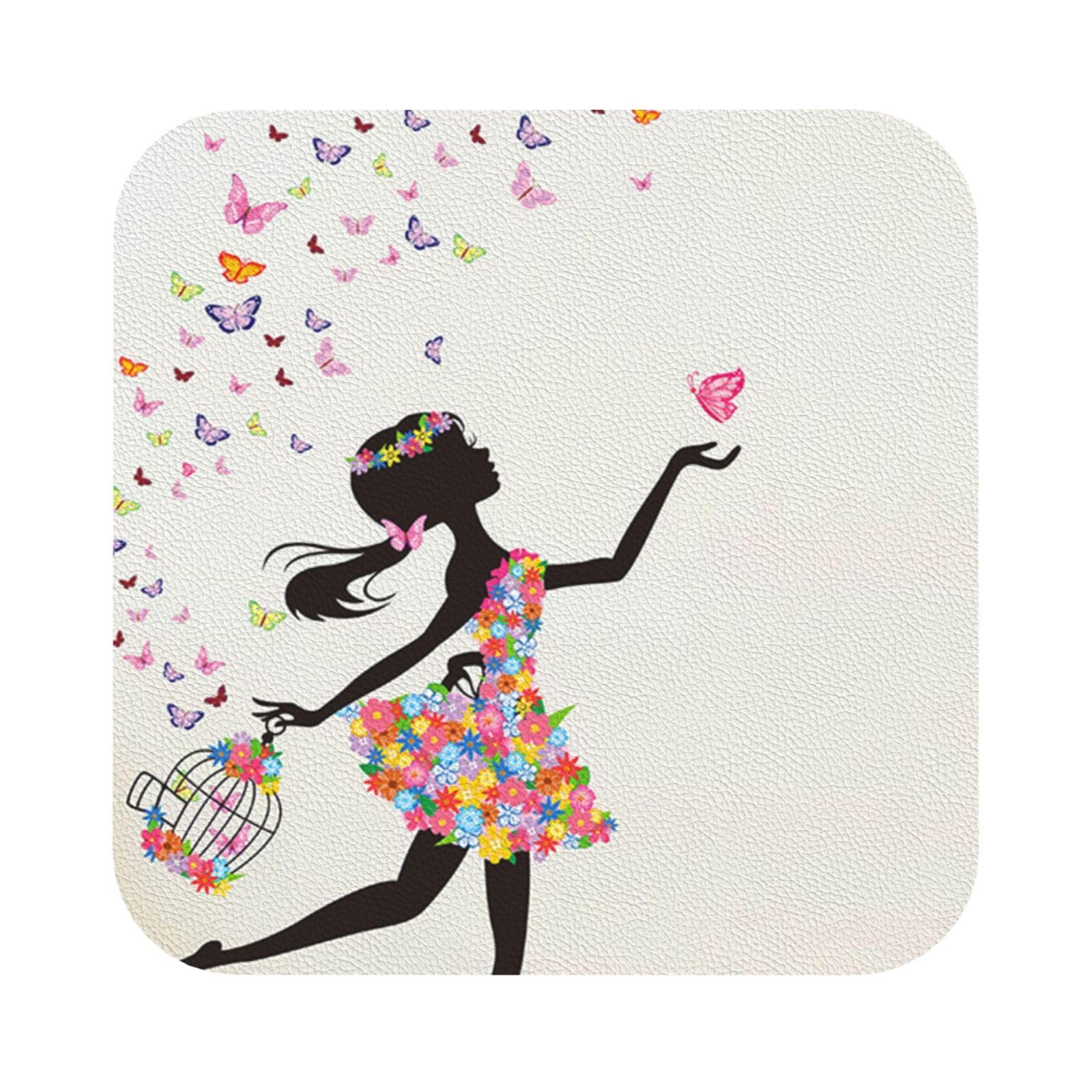 Girl Dance Butterfly PU Leather Coasters Set of 6 Square Drink Coasters