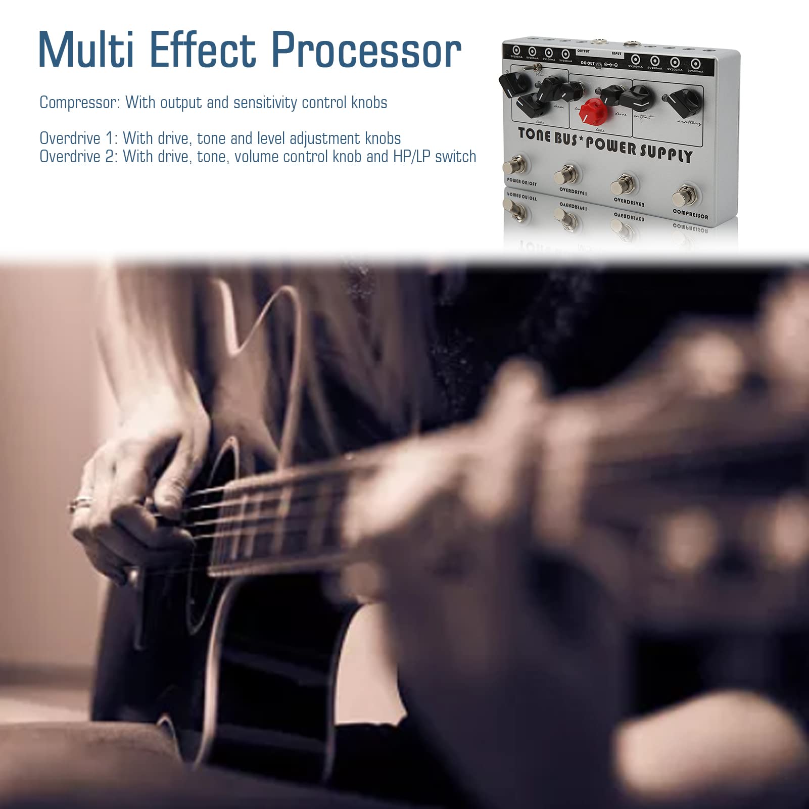 Multi Effect Processor Tone Multi Effect Procesor, Guitar Multi Effect Bus 8 Wyjściowe Zasilacz Guitar Combination Pedal Pedal Efekt Overdrive Tryb Niski Szczyt DC 9V Silver