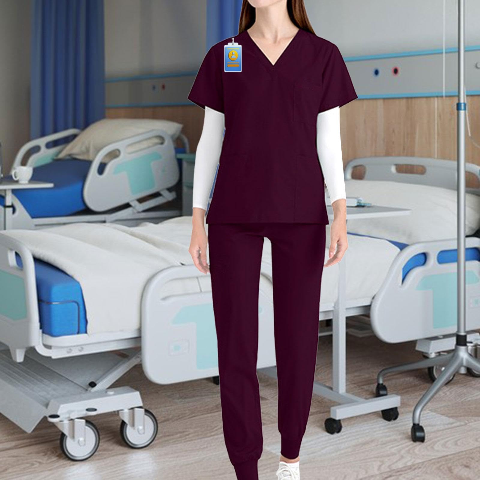 Amagogo Uniformen OP-Bekleidungsset Arbeitsanzüge, Krankenschwester-Oberteil und -Hose Damen-Pflegeuniform V-Ausschnitt Kurzarm-Arbeitskleidung für Pet Shop, Dunkelrot, m