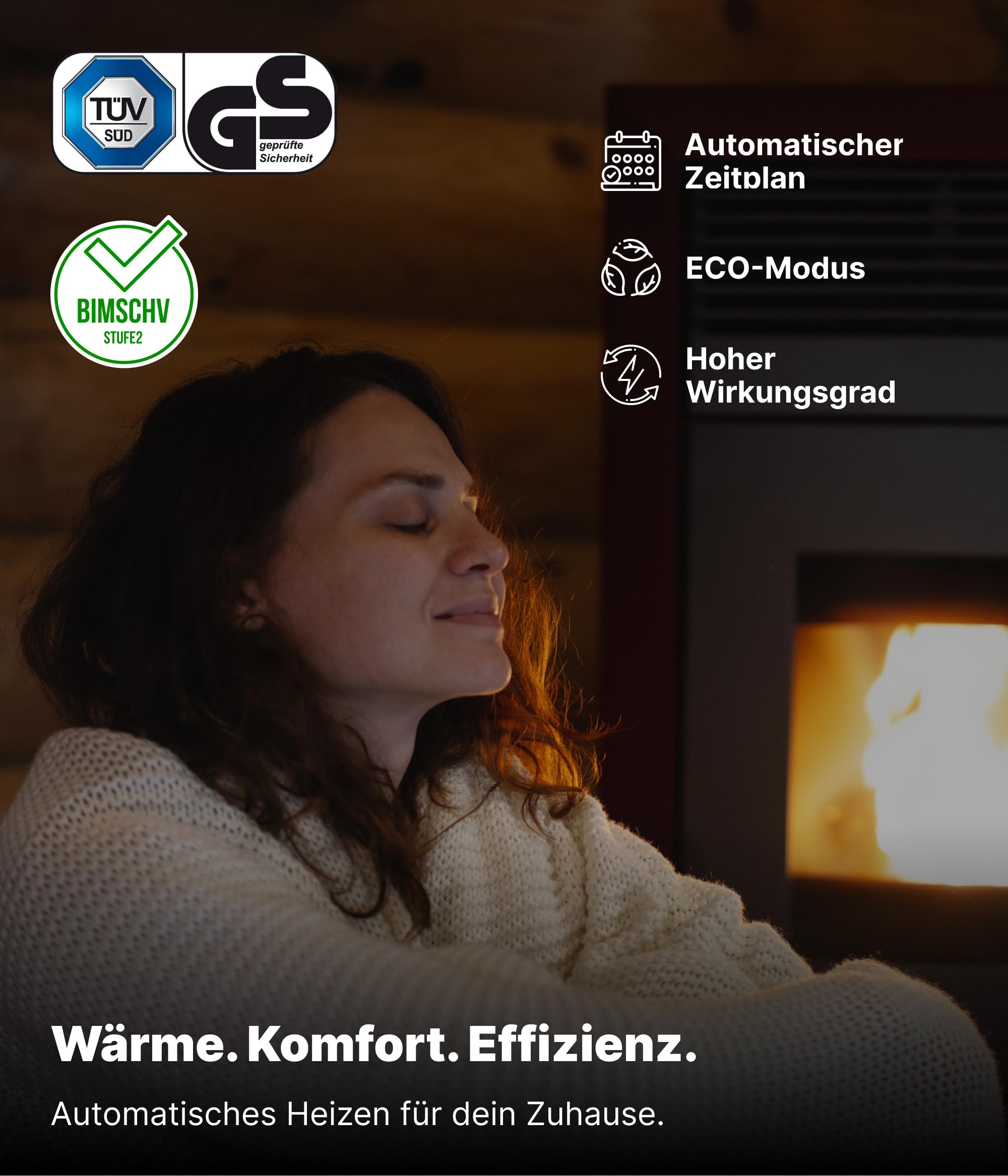 UMBRELLA® P6 Pelletofen 6 kW A+ bis 120 m³ – Auto-Reinigungszyklus, ECO-Modus, Wochenprogramm & mechanische Reinigungsunterstützung – Schwarz