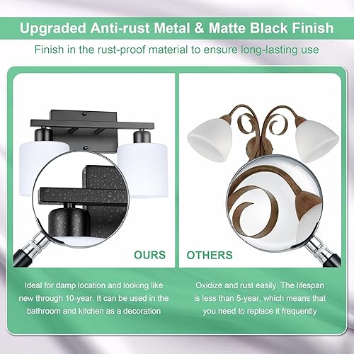 Miniatura 5 de Lámparas de baño sobre espejo, luces de tocador negras mate antioxidantes, 15 apliques de pared modernos de mediados de siglo, 2 luces, pantallas de