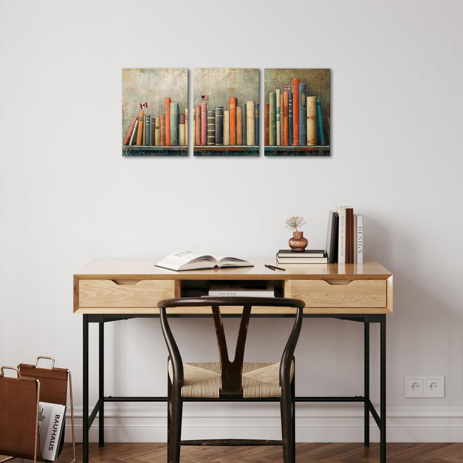 AoArtWZ Vintage Books Canvas Wall Art 3 Pieces Rustic Bar Chart Curve Prints Pictures Study Room Wall Decor Framed Artwork 12" x 16" x 3pcs