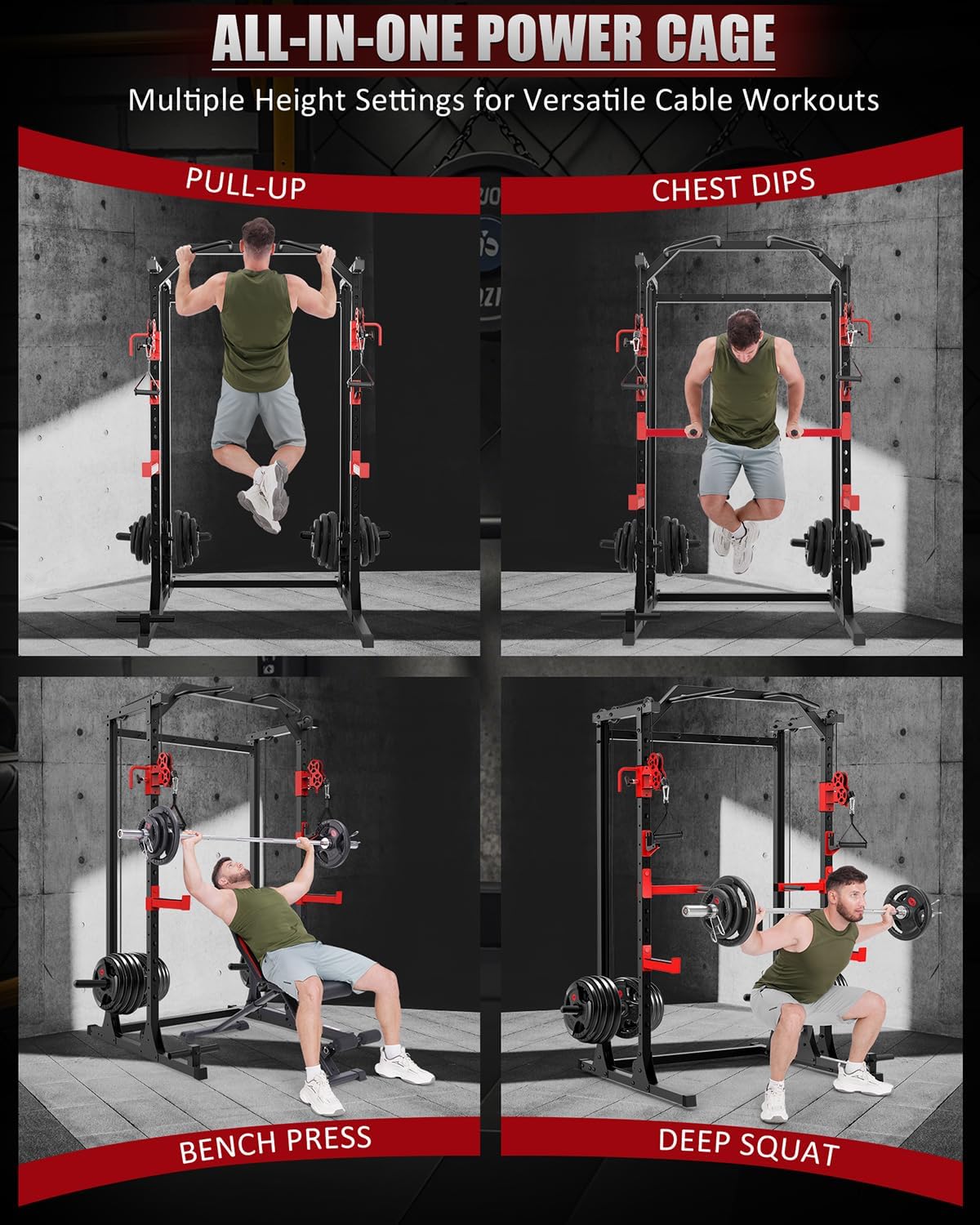 OPPSDECOR 2.0 PRO Power Cage Home Gym - 2000LBS Heavy Duty Power Rack with Independent Dual Pulley Cable Crossover System, Safety Bar, J-Hook, Pull-up Bar, Dip Station - 13.26 ft² Compact Squat Rack