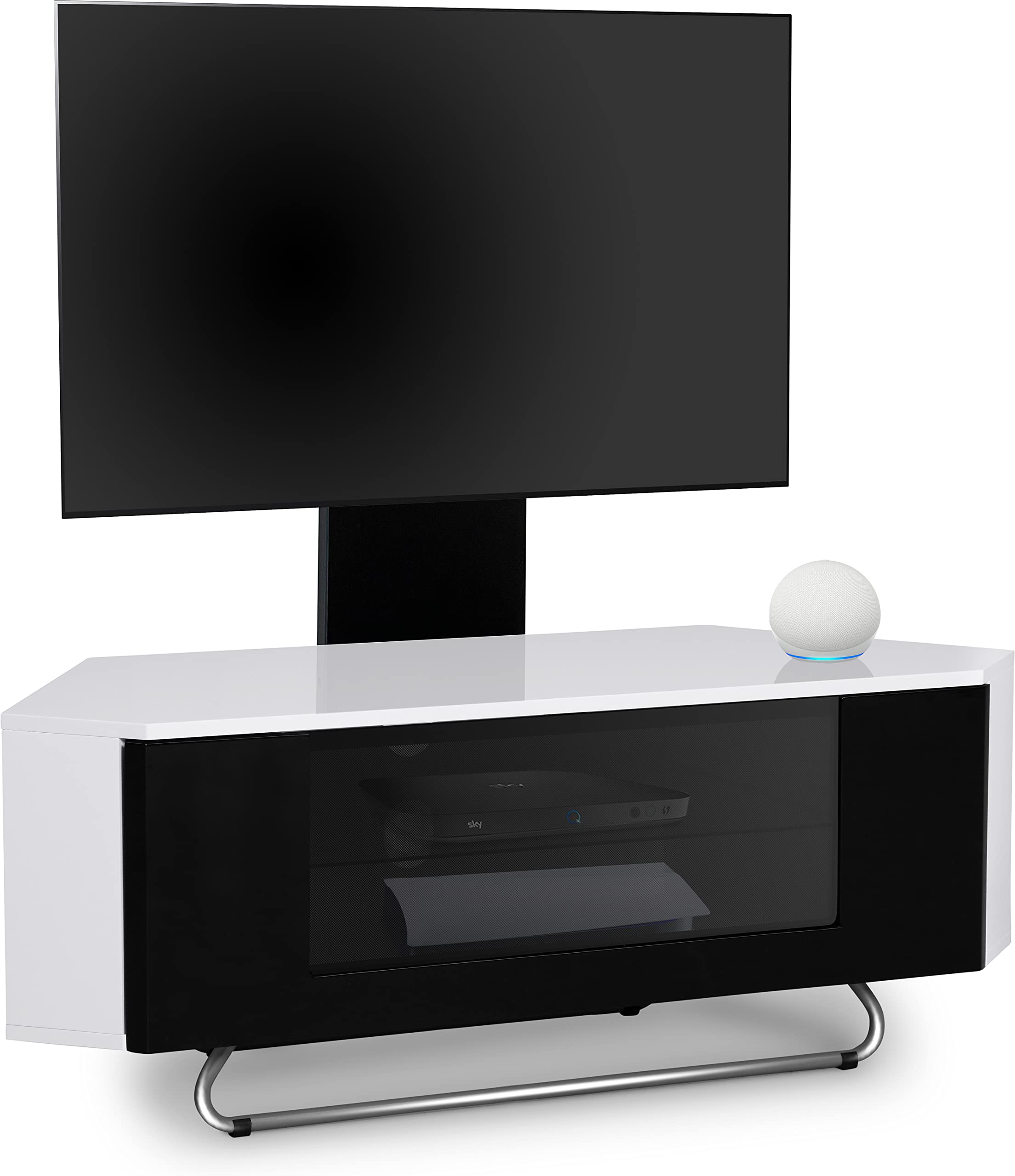 Centurion Supports Hampshire Corner-Friendly Gloss White with Black Contrast Beam-Thru Remote Friendly Door 26"-50" Flat Screen TV Cabinet with Mounting Arm