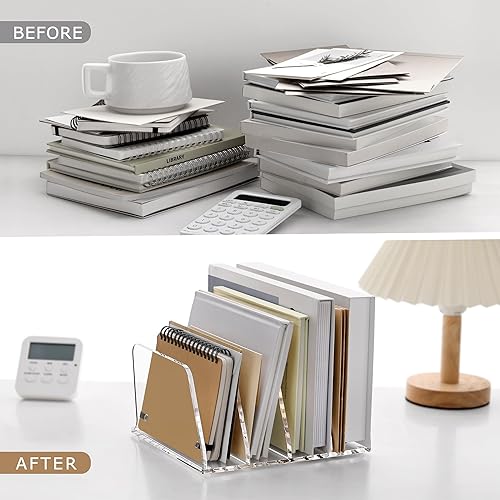 Miniatura 5 de SANRUI Organizador de archivos de escritorio de acrílico, soporte organizador de archivos de letras verticales transparentes de 4 secciones, estante