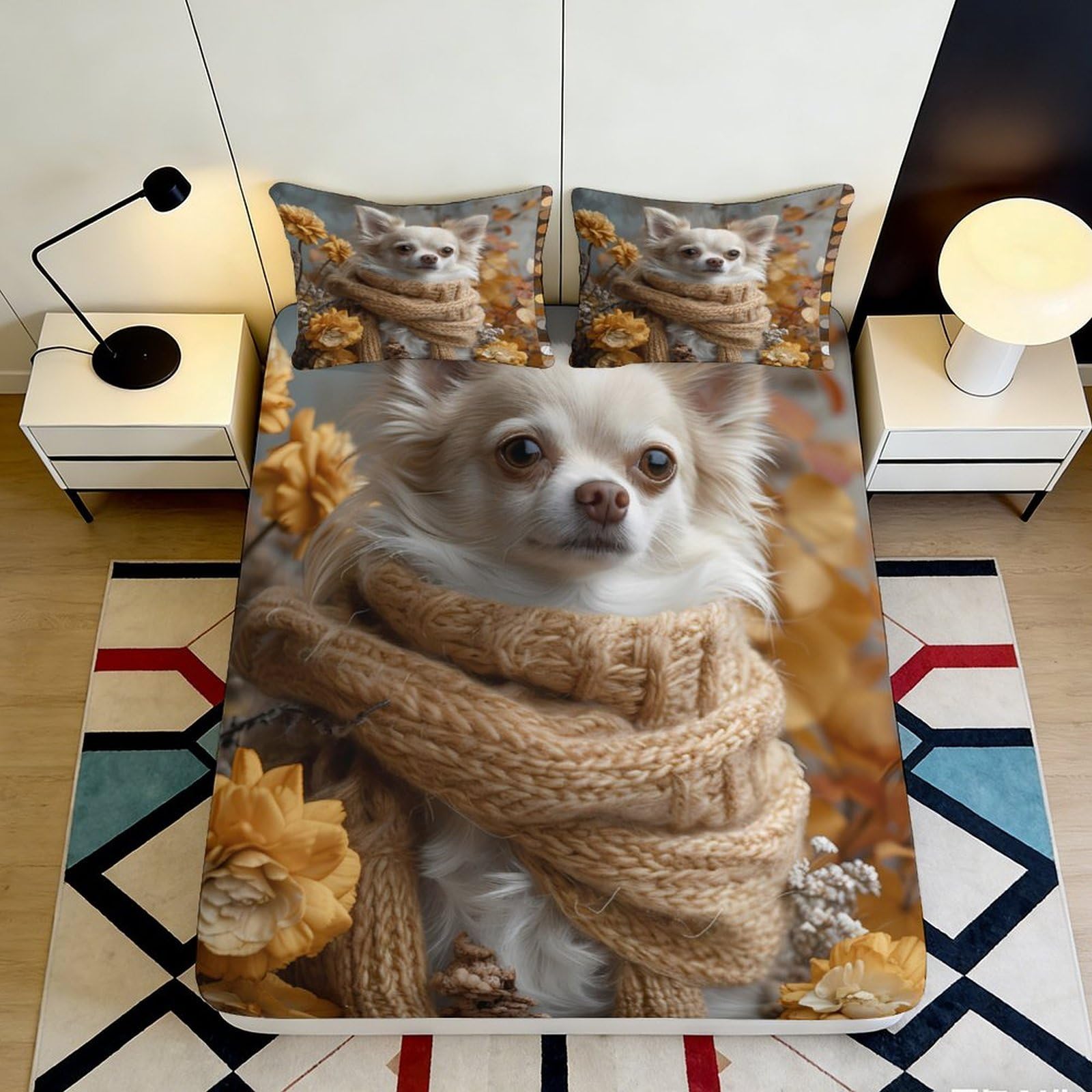 Pnayamiorkfel Style-1 3D Printed Cozy Chihuahua Fitted Sheet Microfiber Soft Breathable Autumn Floral Bed Cover For Bedroom Dorm Decor 90X200x25cm