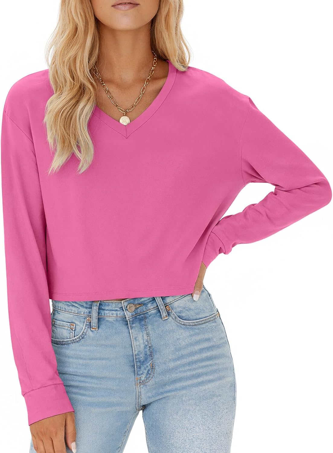 Tankaneo Womens V Neck Cropped T Shirts Casual Summer Crop Tops Half Sleeve Solid Color Crop Baisc Tees - Image 4