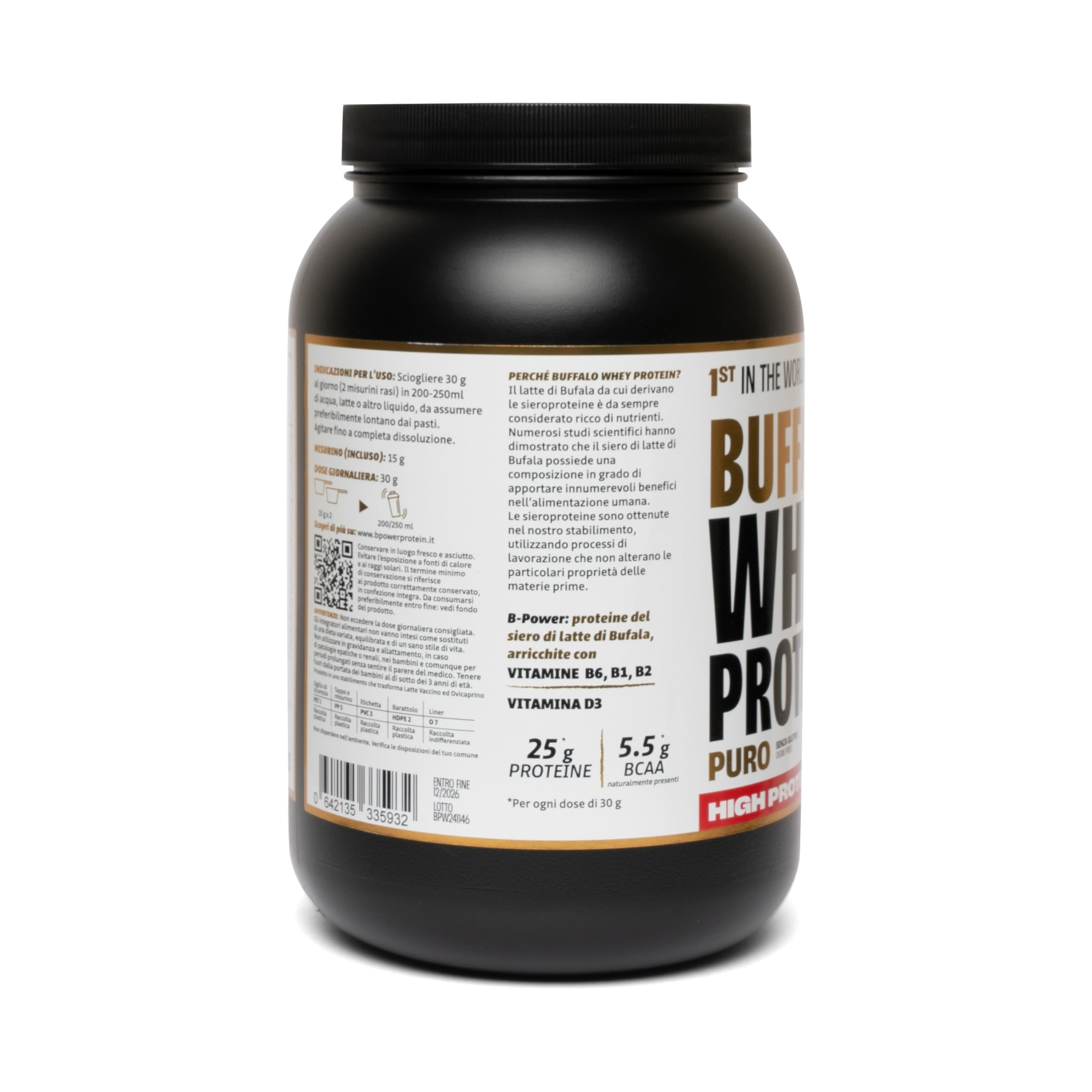 Buffalo Whey +80 Proteine in Polvere Concentrate Gusto Puro con Stevia 100% Italiane da Latte di Bufala, 24g di Proteine 5.5g BCAA Vitamine Gruppo B e D per supporto muscolare (34 dosi x 1020g)
