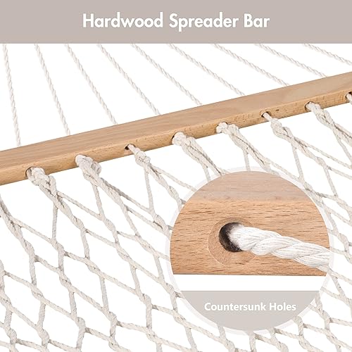 Miniatura 8 de ANOW Hamaca doble de cuerda con barra separadora de madera dura y bolsa de transporte, capacidad de peso de 450 libras para dos personas, natural