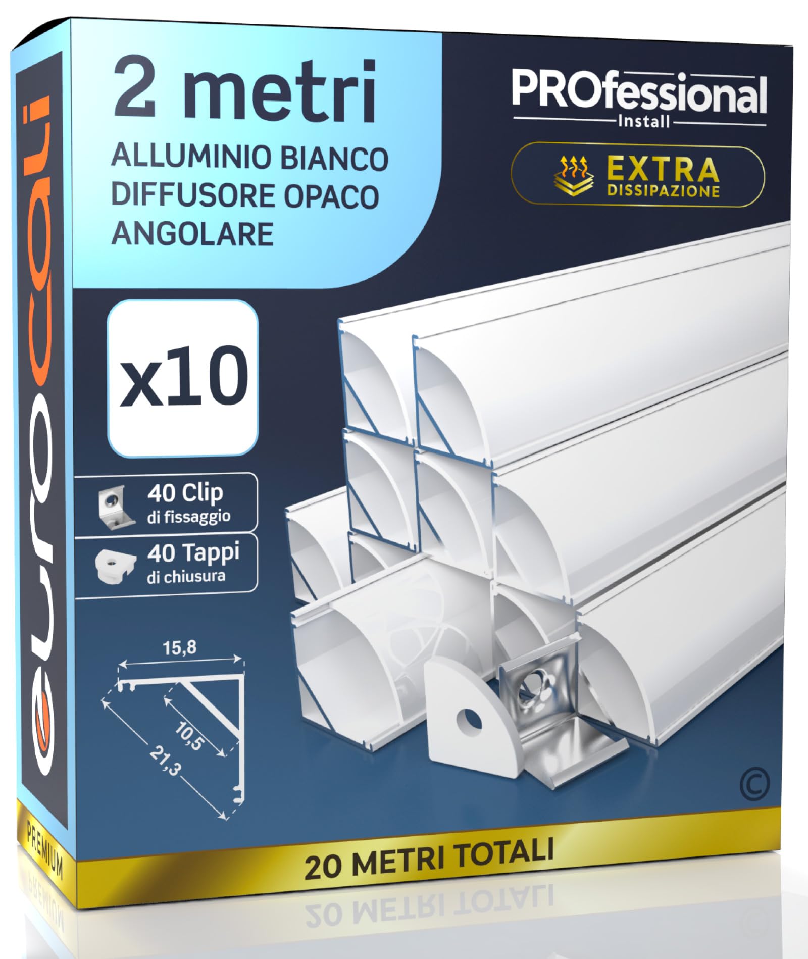 Eurocali 10x Profili Angolari da 2 metri (20mt) in Alluminio Bianco per Strisce LED Copertura Opaca larghezza max striscia led 10.5mm - 15.8 x 15.8