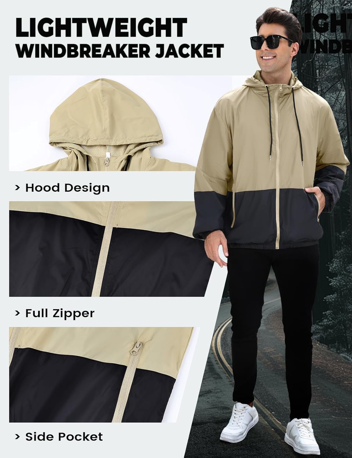 Yimoon Windbreaker Jackets for Men Lightweight Hooded Outdoor Jacket Oversized Zip Up Patchcolor Raincoat Jacket - Image 3